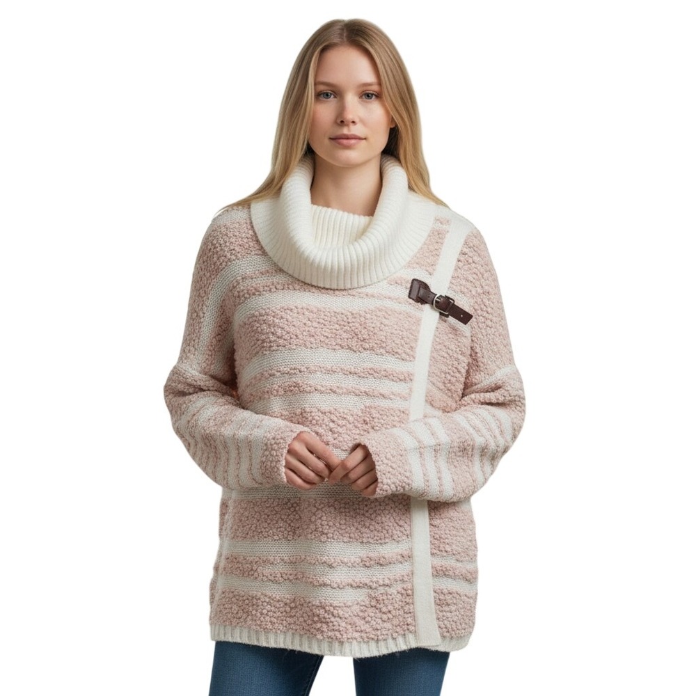 Calvin Klein Cowl Neck Sweater Cardigan Cape Leather Gold Buckle Pink White S/m
